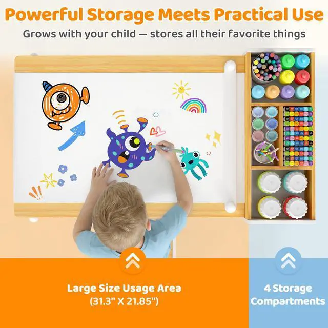 Alt view image 5 of 6 - Kids Art Table and Chairs, Wooden Kids Craft Table and Chairs with Storage Bins and Paper Roll, Toddler Activity Play Desk for Drawing/Learning/Read, Toddler Table and Chair Set for Boy/Girl