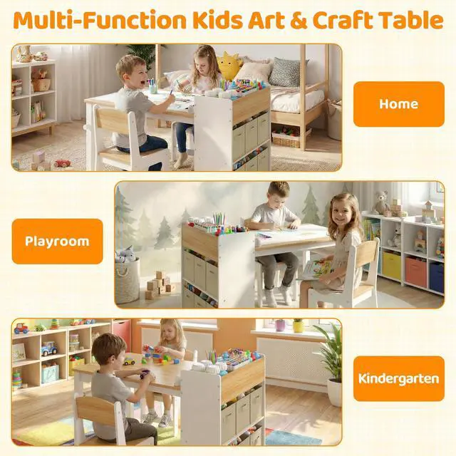 Alt view image 6 of 6 - Kids Art Table and Chairs, Wooden Kids Craft Table and Chairs with Storage Bins and Paper Roll, Toddler Activity Play Desk for Drawing/Learning/Read, Toddler Table and Chair Set for Boy/Girl