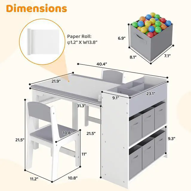 Alt view image 2 of 6 - Kids Art Table and Chairs, Wooden Kids Craft Table and Chairs with Storage Bins and Paper Roll, Toddler Activity Play Desk for Drawing/Learning/Read, Toddler Table and Chair Set for Boy/Girl