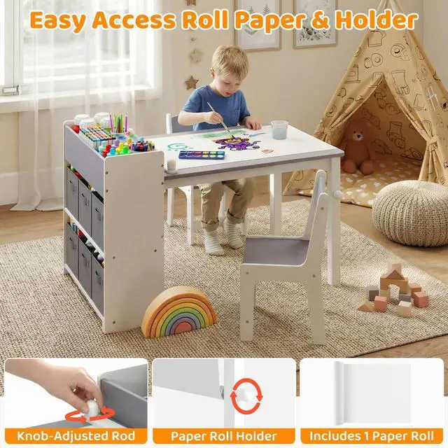 Alt view image 4 of 6 - Kids Art Table and Chairs, Wooden Kids Craft Table and Chairs with Storage Bins and Paper Roll, Toddler Activity Play Desk for Drawing/Learning/Read, Toddler Table and Chair Set for Boy/Girl