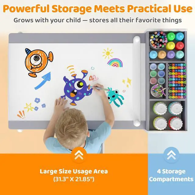 Alt view image 5 of 6 - Kids Art Table and Chairs, Wooden Kids Craft Table and Chairs with Storage Bins and Paper Roll, Toddler Activity Play Desk for Drawing/Learning/Read, Toddler Table and Chair Set for Boy/Girl
