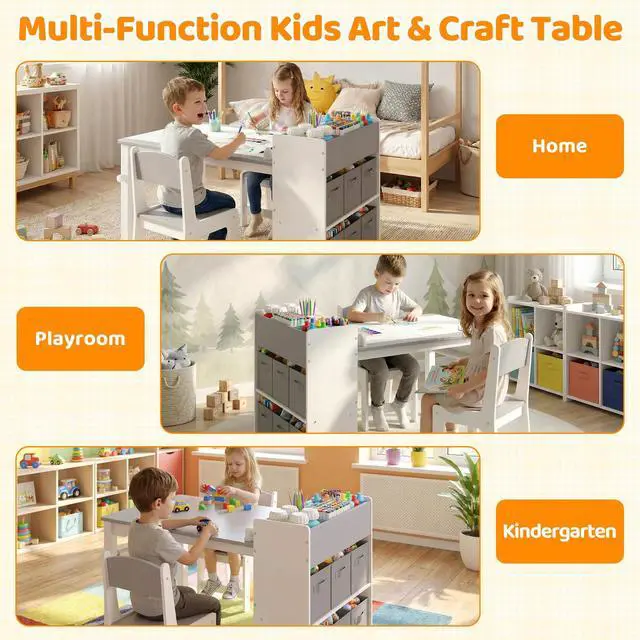 Alt view image 6 of 6 - Kids Art Table and Chairs, Wooden Kids Craft Table and Chairs with Storage Bins and Paper Roll, Toddler Activity Play Desk for Drawing/Learning/Read, Toddler Table and Chair Set for Boy/Girl