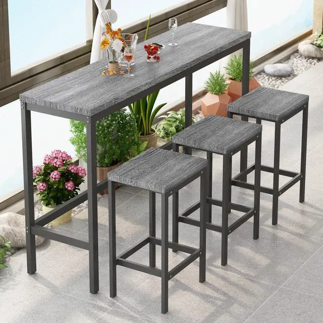 Main image of Modern Design 4-Piece Counter Height Extra Long Dining Table Set with 3 Stools and Side Table with Footrest,Space-Saving Pub Kitchen Set,Easy Assembly,Grey