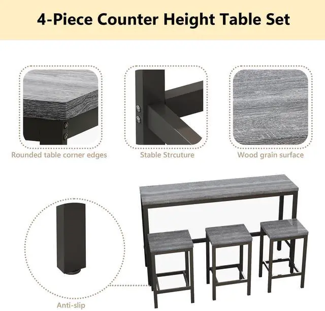 Alt view image 3 of 6 - Modern Design 4-Piece Counter Height Extra Long Dining Table Set with 3 Stools and Side Table with Footrest,Space-Saving Pub Kitchen Set,Easy Assembly,Grey