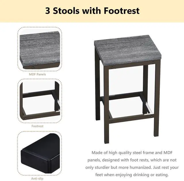 Alt view image 4 of 6 - Modern Design 4-Piece Counter Height Extra Long Dining Table Set with 3 Stools and Side Table with Footrest,Space-Saving Pub Kitchen Set,Easy Assembly,Grey