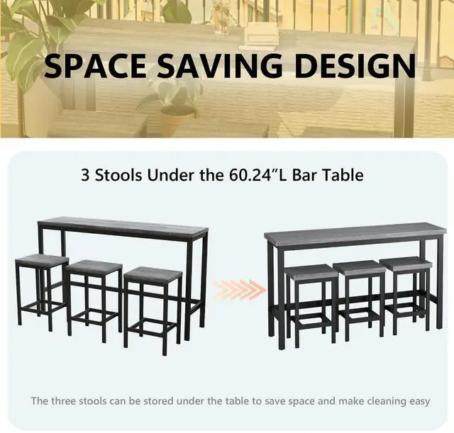 Alt view image 5 of 6 - Modern Design 4-Piece Counter Height Extra Long Dining Table Set with 3 Stools and Side Table with Footrest,Space-Saving Pub Kitchen Set,Easy Assembly,Grey