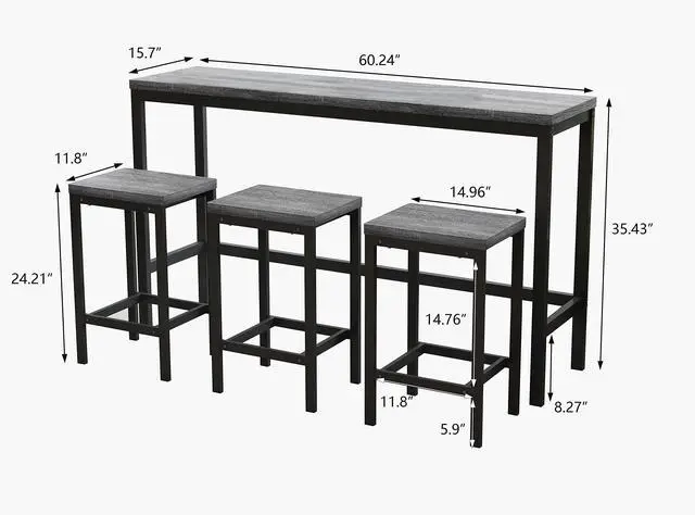 Alt view image 6 of 6 - Modern Design 4-Piece Counter Height Extra Long Dining Table Set with 3 Stools and Side Table with Footrest,Space-Saving Pub Kitchen Set,Easy Assembly,Grey