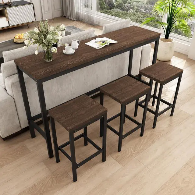 Main image of Modern Design 4-Piece Counter Height Extra Long Dining Table Set with 3 Stools and Side Table with Footrest,Space-Saving Pub Kitchen Set,Easy Assembly,Dark Brown