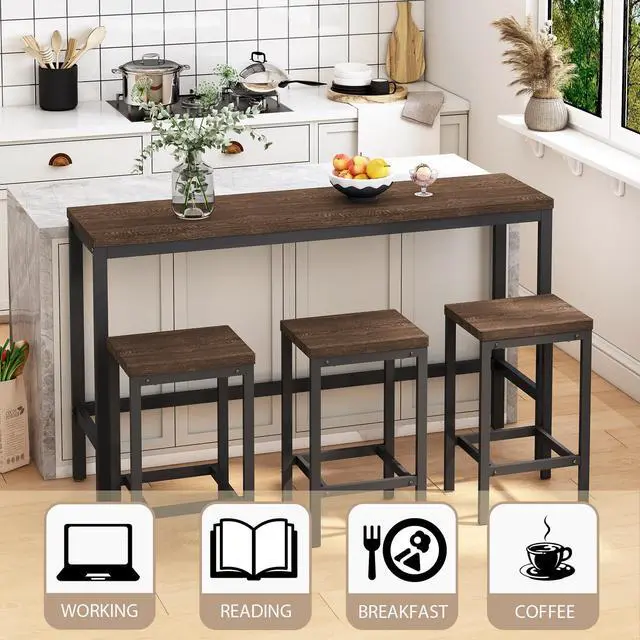 Alt view image 2 of 6 - Modern Design 4-Piece Counter Height Extra Long Dining Table Set with 3 Stools and Side Table with Footrest,Space-Saving Pub Kitchen Set,Easy Assembly,Dark Brown