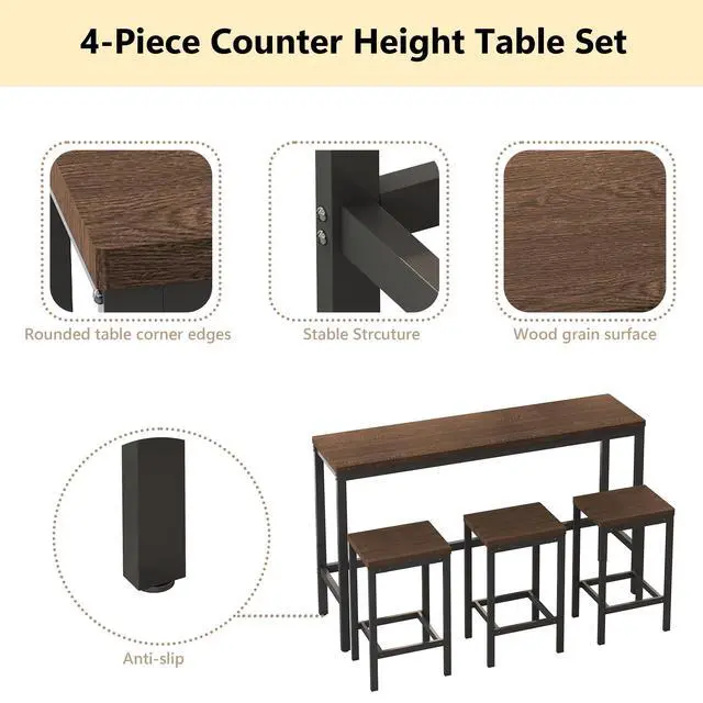 Alt view image 3 of 6 - Modern Design 4-Piece Counter Height Extra Long Dining Table Set with 3 Stools and Side Table with Footrest,Space-Saving Pub Kitchen Set,Easy Assembly,Dark Brown