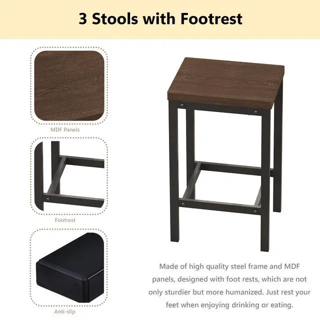 Alt view image 4 of 6 - Modern Design 4-Piece Counter Height Extra Long Dining Table Set with 3 Stools and Side Table with Footrest,Space-Saving Pub Kitchen Set,Easy Assembly,Dark Brown