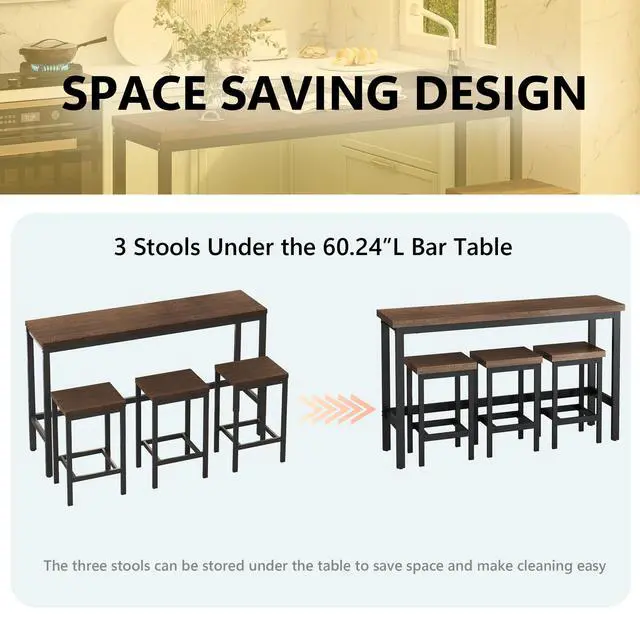 Alt view image 5 of 6 - Modern Design 4-Piece Counter Height Extra Long Dining Table Set with 3 Stools and Side Table with Footrest,Space-Saving Pub Kitchen Set,Easy Assembly,Dark Brown