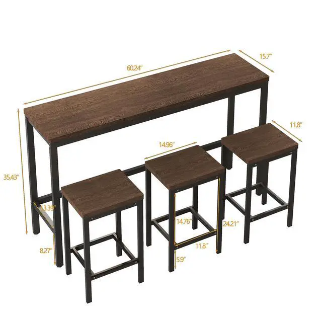 Alt view image 6 of 6 - Modern Design 4-Piece Counter Height Extra Long Dining Table Set with 3 Stools and Side Table with Footrest,Space-Saving Pub Kitchen Set,Easy Assembly,Dark Brown