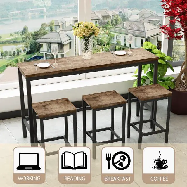 Alt view image 2 of 6 - Modern Design 4-Piece Counter Height Extra Long Dining Table Set with 3 Stools and Side Table with Footrest,Space-Saving Pub Kitchen Set,Easy Assembly,Natural
