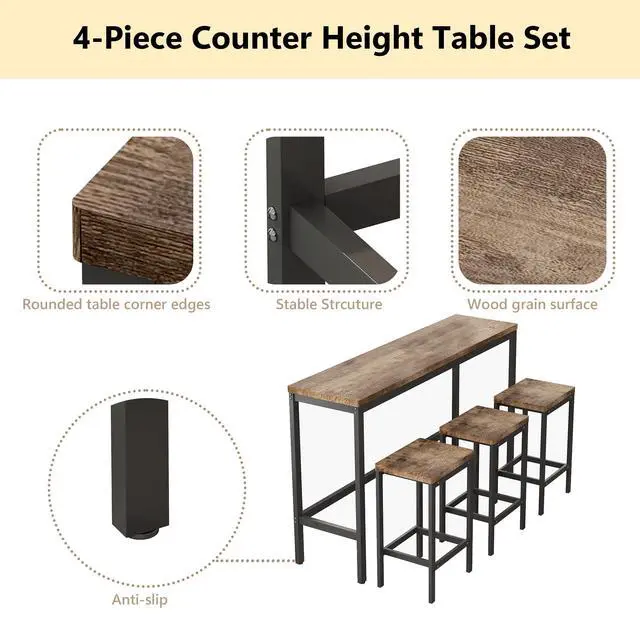 Alt view image 3 of 6 - Modern Design 4-Piece Counter Height Extra Long Dining Table Set with 3 Stools and Side Table with Footrest,Space-Saving Pub Kitchen Set,Easy Assembly,Natural