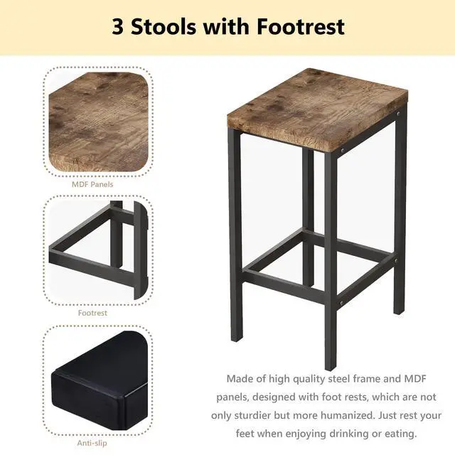 Alt view image 4 of 6 - Modern Design 4-Piece Counter Height Extra Long Dining Table Set with 3 Stools and Side Table with Footrest,Space-Saving Pub Kitchen Set,Easy Assembly,Natural