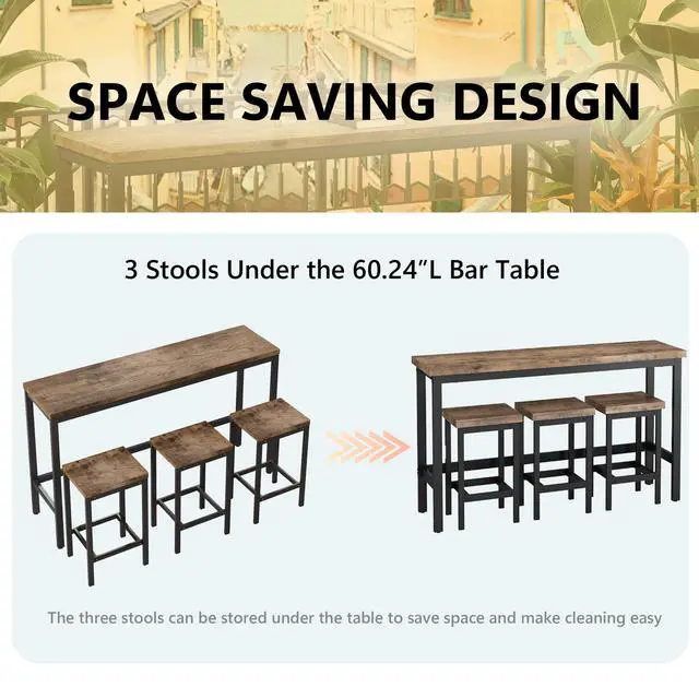 Alt view image 5 of 6 - Modern Design 4-Piece Counter Height Extra Long Dining Table Set with 3 Stools and Side Table with Footrest,Space-Saving Pub Kitchen Set,Easy Assembly,Natural