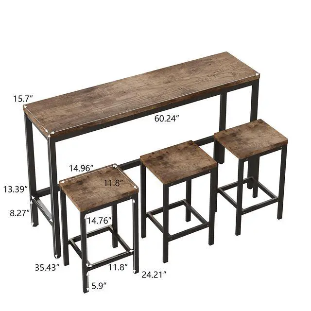 Alt view image 6 of 6 - Modern Design 4-Piece Counter Height Extra Long Dining Table Set with 3 Stools and Side Table with Footrest,Space-Saving Pub Kitchen Set,Easy Assembly,Natural
