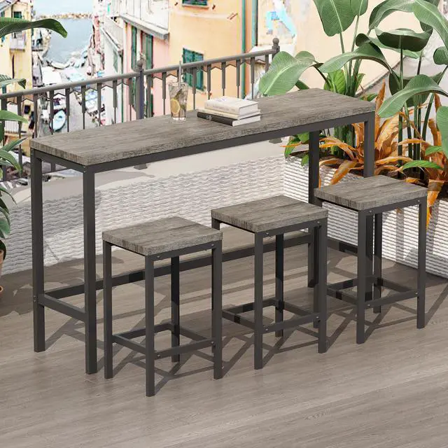 Main image of Modern Design 4-Piece Counter Height Extra Long Dining Table Set with 3 Stools and Side Table with Footrest,Space-Saving Pub Kitchen Set,Easy Assembly,Brown Gray