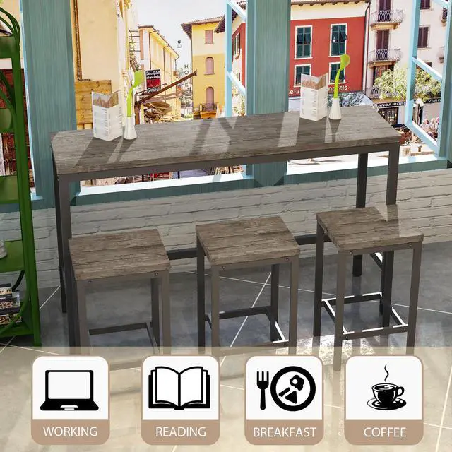 Alt view image 2 of 6 - Modern Design 4-Piece Counter Height Extra Long Dining Table Set with 3 Stools and Side Table with Footrest,Space-Saving Pub Kitchen Set,Easy Assembly,Brown Gray