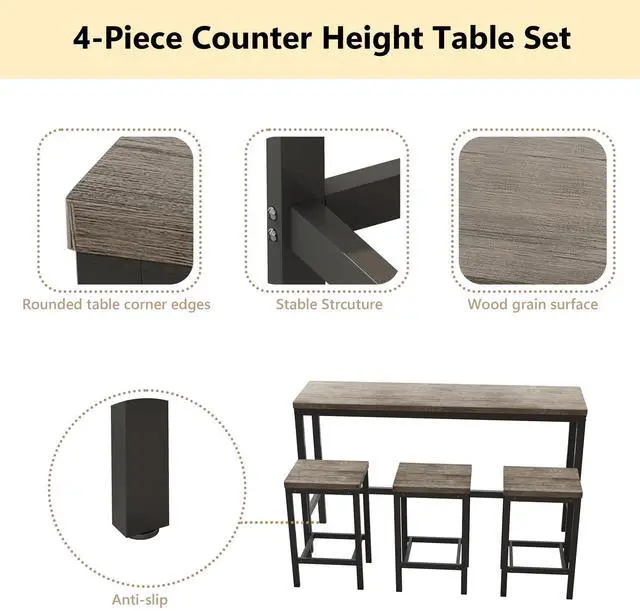 Alt view image 3 of 6 - Modern Design 4-Piece Counter Height Extra Long Dining Table Set with 3 Stools and Side Table with Footrest,Space-Saving Pub Kitchen Set,Easy Assembly,Brown Gray