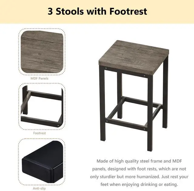 Alt view image 4 of 6 - Modern Design 4-Piece Counter Height Extra Long Dining Table Set with 3 Stools and Side Table with Footrest,Space-Saving Pub Kitchen Set,Easy Assembly,Brown Gray