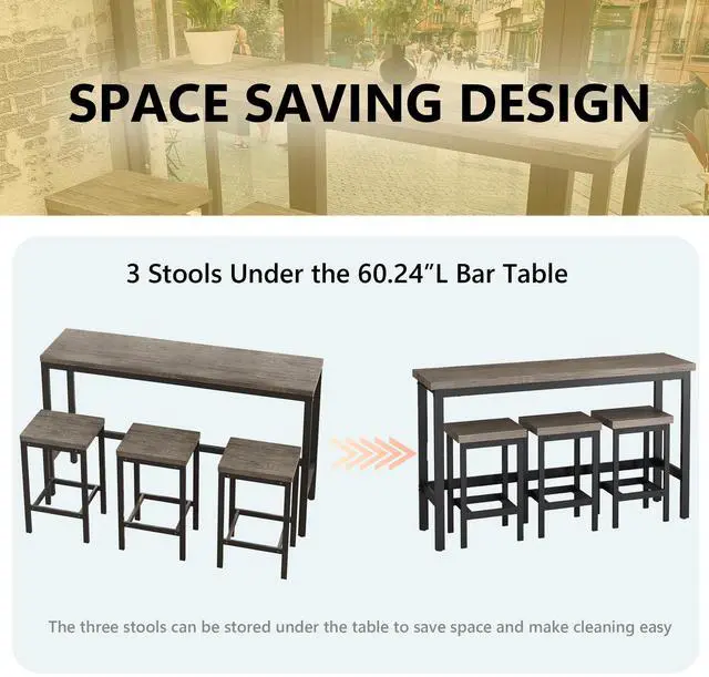 Alt view image 5 of 6 - Modern Design 4-Piece Counter Height Extra Long Dining Table Set with 3 Stools and Side Table with Footrest,Space-Saving Pub Kitchen Set,Easy Assembly,Brown Gray