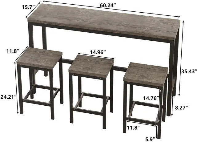 Alt view image 6 of 6 - Modern Design 4-Piece Counter Height Extra Long Dining Table Set with 3 Stools and Side Table with Footrest,Space-Saving Pub Kitchen Set,Easy Assembly,Brown Gray
