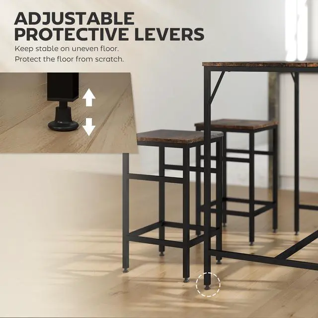 Alt view image 5 of 6 - 5-Piece Industrial Dining Table Set, Bar Table & 4 Stools Set, Space Saving for Pub & Kitchen, Black/Brown