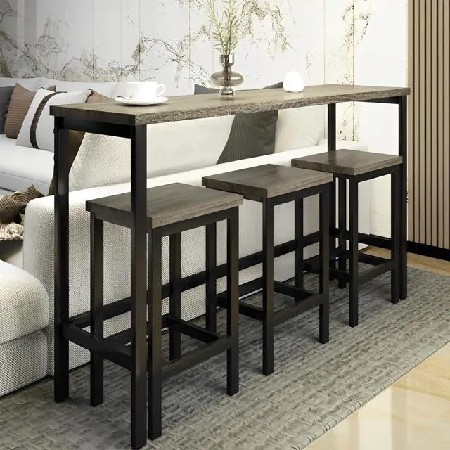 Main image of 4-Piece Counter Height 60.2inch Extra Long Dining Table Set with 3 Stools and Side Table with Footrest,Space-Saving Pub Kitchen Set,Gray