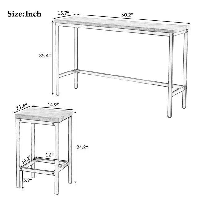 Alt view image 2 of 6 - 4-Piece Counter Height 60.2inch Extra Long Dining Table Set with 3 Stools and Side Table with Footrest,Space-Saving Pub Kitchen Set,Gray