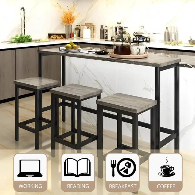 Alt view image 3 of 6 - 4-Piece Counter Height 60.2inch Extra Long Dining Table Set with 3 Stools and Side Table with Footrest,Space-Saving Pub Kitchen Set,Gray