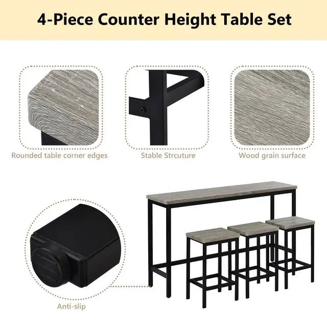 Alt view image 4 of 6 - 4-Piece Counter Height 60.2inch Extra Long Dining Table Set with 3 Stools and Side Table with Footrest,Space-Saving Pub Kitchen Set,Gray