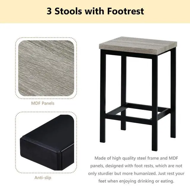 Alt view image 5 of 6 - 4-Piece Counter Height 60.2inch Extra Long Dining Table Set with 3 Stools and Side Table with Footrest,Space-Saving Pub Kitchen Set,Gray