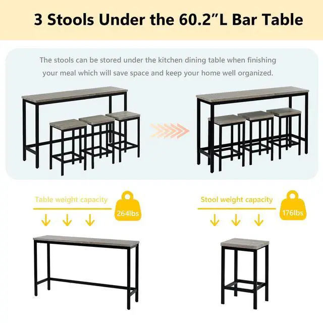 Alt view image 6 of 6 - 4-Piece Counter Height 60.2inch Extra Long Dining Table Set with 3 Stools and Side Table with Footrest,Space-Saving Pub Kitchen Set,Gray