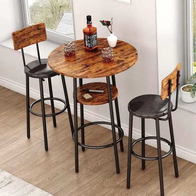 Main image of 3-Piece Dining Table Set for 2, Small Round Kitchen Table with 2 Chairs, Counter Height Bar Table with Storage, Pub Table and PU Upholstery Stools for Small Space, Apartment, Bistro-Brown