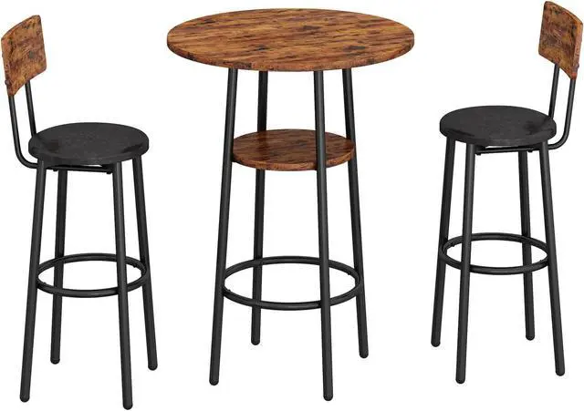 Alt view image 2 of 6 - 3-Piece Dining Table Set for 2, Small Round Kitchen Table with 2 Chairs, Counter Height Bar Table with Storage, Pub Table and PU Upholstery Stools for Small Space, Apartment, Bistro-Brown