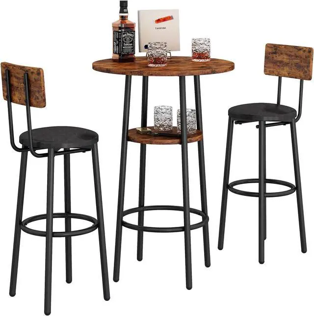 Alt view image 4 of 6 - 3-Piece Dining Table Set for 2, Small Round Kitchen Table with 2 Chairs, Counter Height Bar Table with Storage, Pub Table and PU Upholstery Stools for Small Space, Apartment, Bistro-Brown