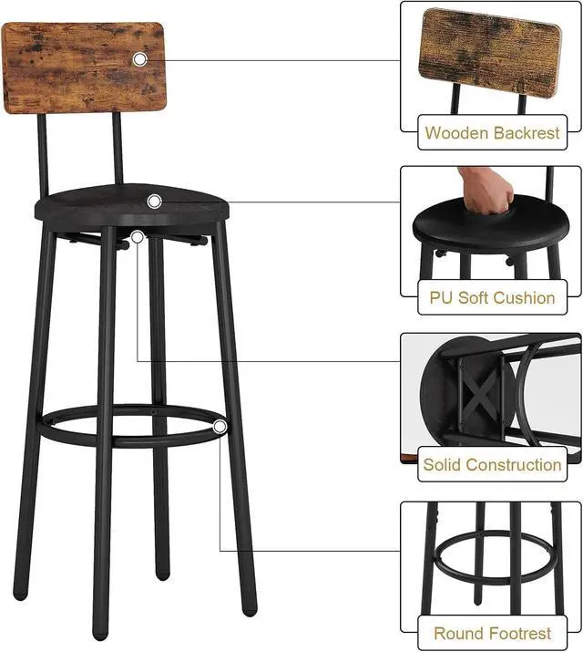 Alt view image 5 of 6 - 3-Piece Dining Table Set for 2, Small Round Kitchen Table with 2 Chairs, Counter Height Bar Table with Storage, Pub Table and PU Upholstery Stools for Small Space, Apartment, Bistro-Brown