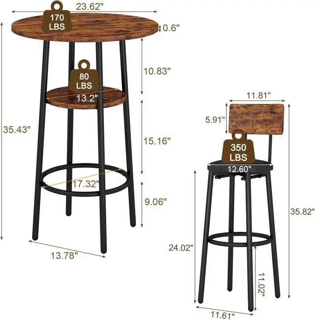 Alt view image 6 of 6 - 3-Piece Dining Table Set for 2, Small Round Kitchen Table with 2 Chairs, Counter Height Bar Table with Storage, Pub Table and PU Upholstery Stools for Small Space, Apartment, Bistro-Brown