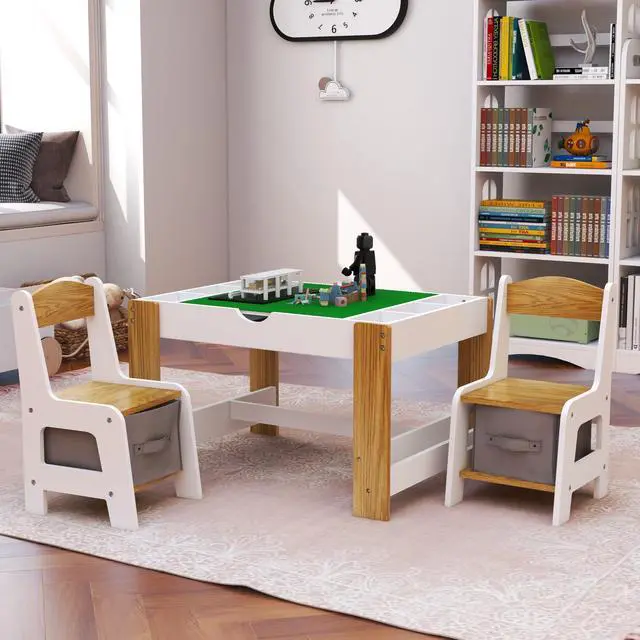 Main image of Wooden 3 in 1 Kids Table and Chairs Set with 2 Storage Baskets, Kids Lego Table, Children Activity Table with Book Storage for Reading, Writing, Playing, White