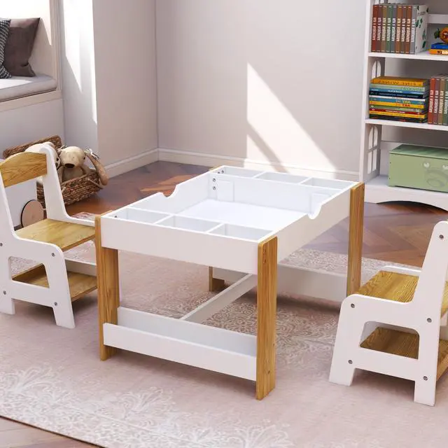 Alt view image 2 of 6 - Wooden 3 in 1 Kids Table and Chairs Set with 2 Storage Baskets, Kids Lego Table, Children Activity Table with Book Storage for Reading, Writing, Playing, White
