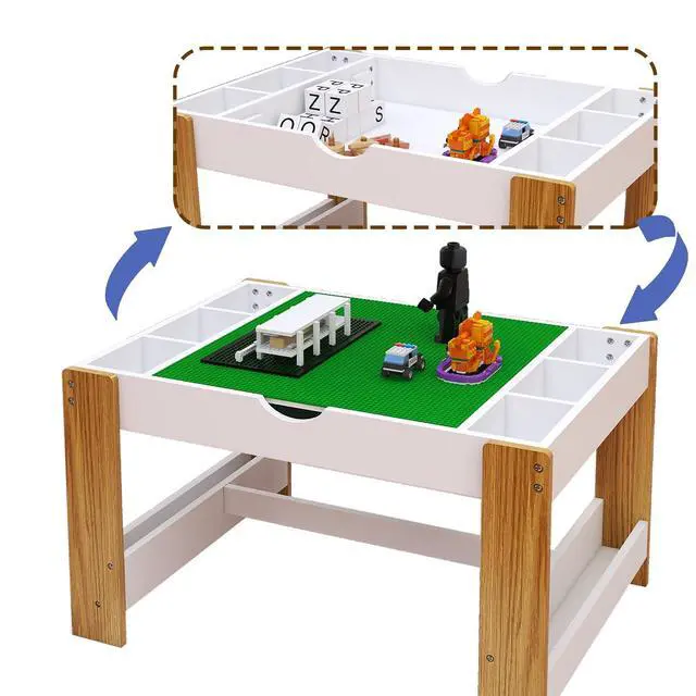 Alt view image 3 of 6 - Wooden 3 in 1 Kids Table and Chairs Set with 2 Storage Baskets, Kids Lego Table, Children Activity Table with Book Storage for Reading, Writing, Playing, White