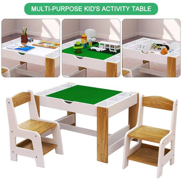 Alt view image 6 of 6 - Wooden 3 in 1 Kids Table and Chairs Set with 2 Storage Baskets, Kids Lego Table, Children Activity Table with Book Storage for Reading, Writing, Playing, White