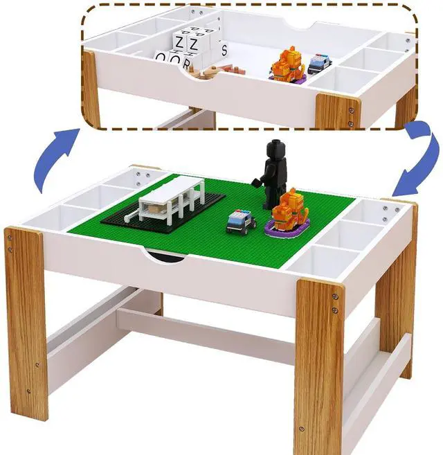 Alt view image 2 of 6 - Wooden 2 in 1 Kids Play Table with Storage, Lego Toy Building Block Top, Toddler Activity Table with Book Storage for Reading, Writing, Playing, White