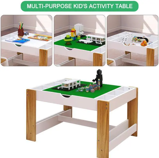 Alt view image 3 of 6 - Wooden 2 in 1 Kids Play Table with Storage, Lego Toy Building Block Top, Toddler Activity Table with Book Storage for Reading, Writing, Playing, White