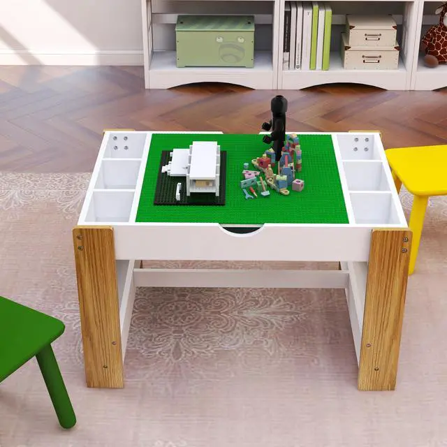 Alt view image 4 of 6 - Wooden 2 in 1 Kids Play Table with Storage, Lego Toy Building Block Top, Toddler Activity Table with Book Storage for Reading, Writing, Playing, White