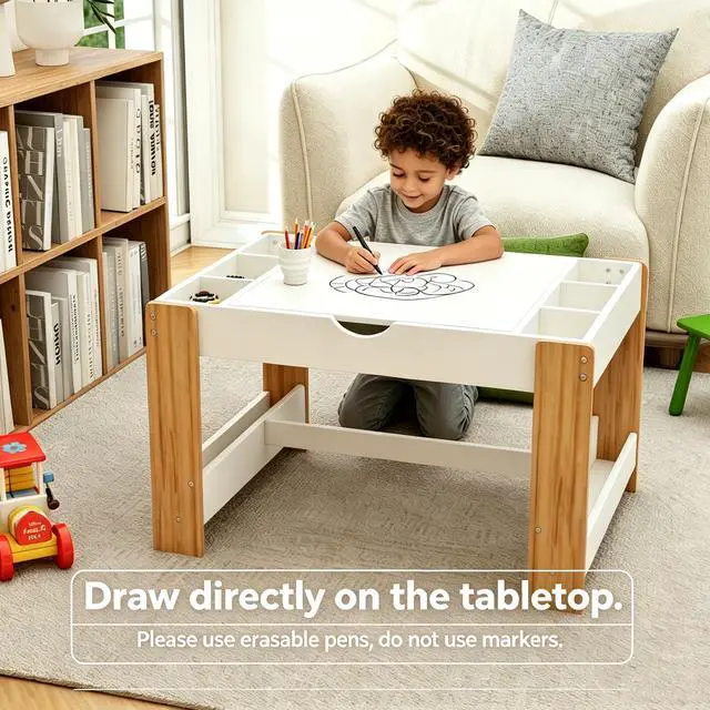 Alt view image 5 of 6 - Wooden 2 in 1 Kids Play Table with Storage, Lego Toy Building Block Top, Toddler Activity Table with Book Storage for Reading, Writing, Playing, White