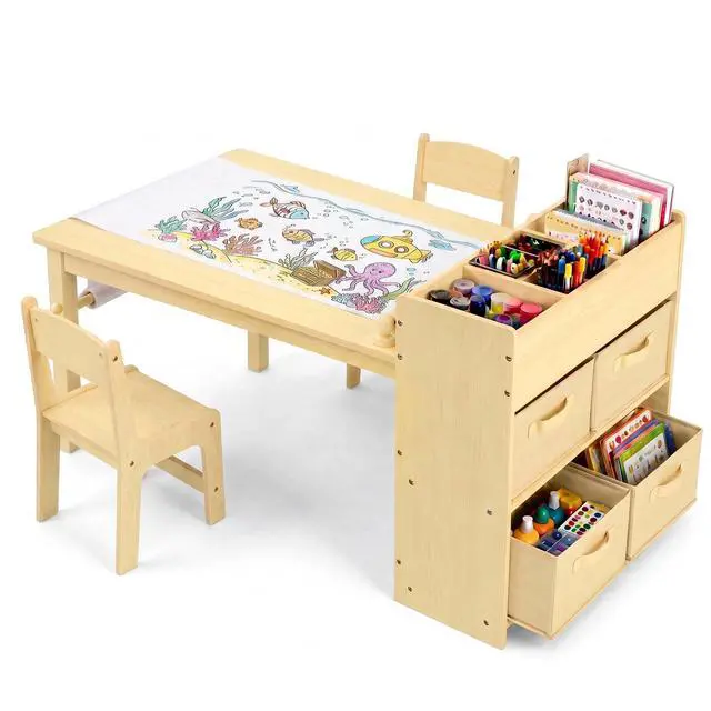 Main image of Kids Art Table and 2 Chairs Set, Large Toddler Craft Desk with Organizers, Sturdy Wooden Activity Table w/Paper Roll, Open Shelves, Removable Bins, for Drawing Painting Writing (Natural)