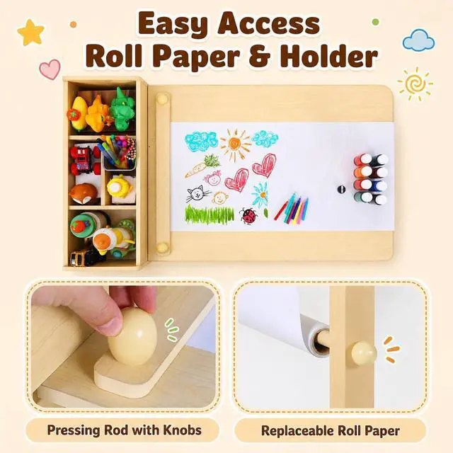 Alt view image 2 of 6 - Kids Art Table and 2 Chairs Set, Large Toddler Craft Desk with Organizers, Sturdy Wooden Activity Table w/Paper Roll, Open Shelves, Removable Bins, for Drawing Painting Writing (Natural)